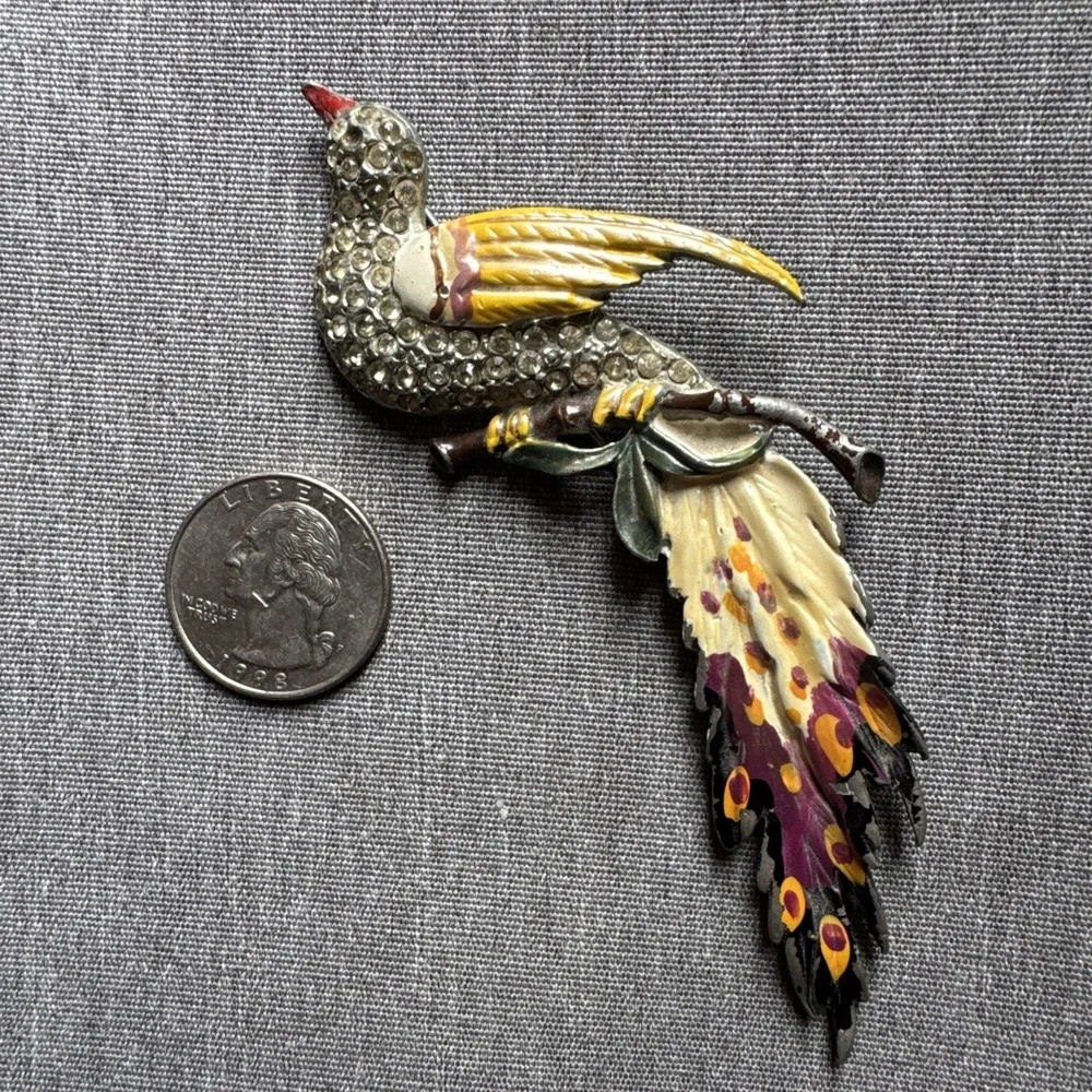 VTG Large Bird Perched Colorful Enamel‎ Pot Metal Rhinestone 1930-1940 Brooch